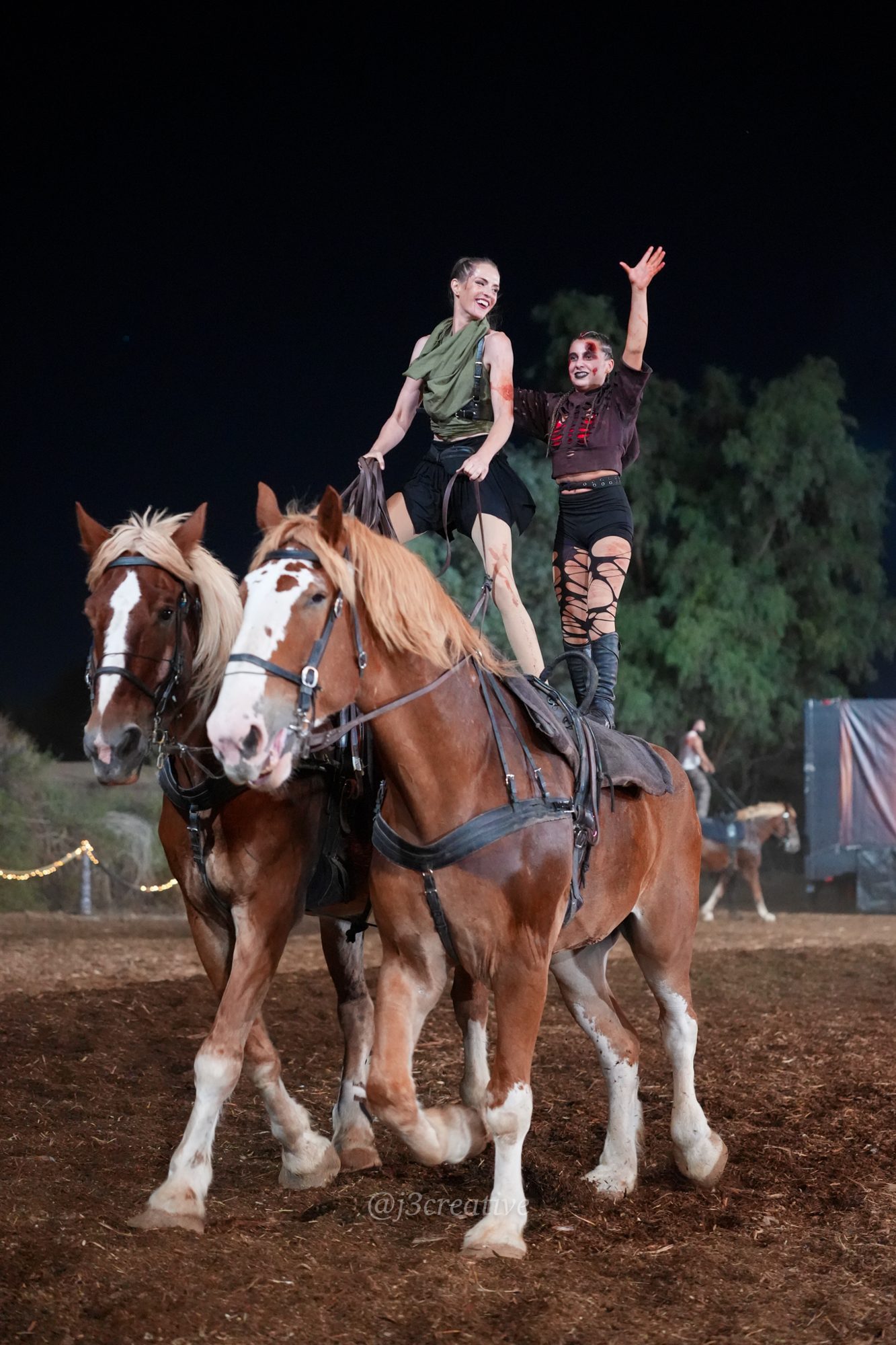 Alina standing on two draft horses